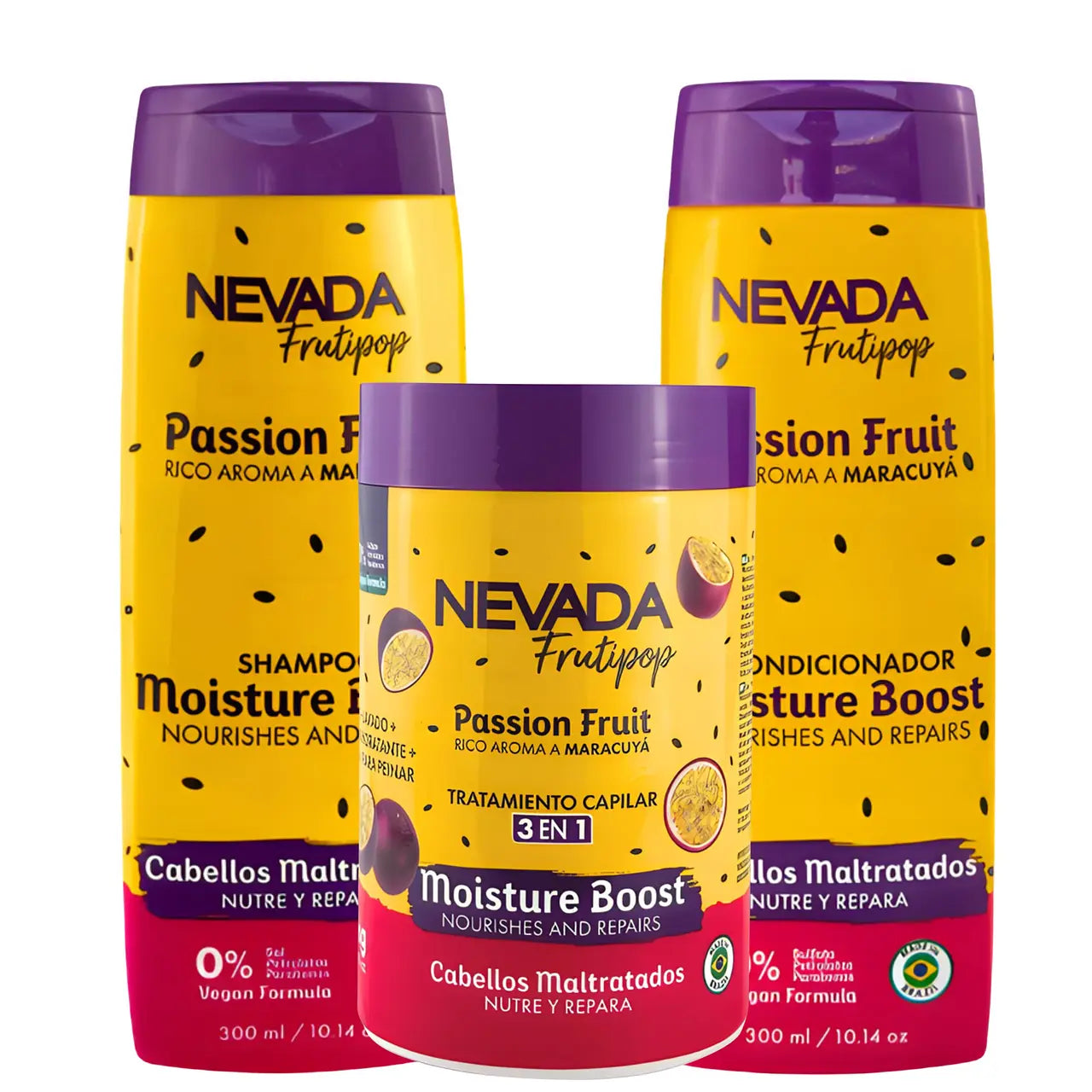 Trio Capilar Shampoo + Acondicionador + Mascarilla Cabello Dañado Maracuyá Frutipop - Nevada